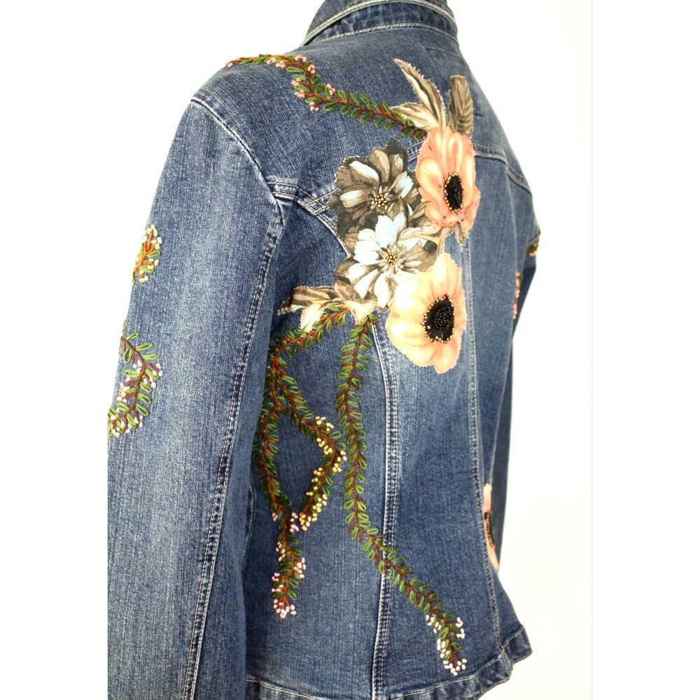 Upcycled OOAK LIVE A LITTLE Denim Jacket Embroidered Beaded Floral Applique XL * - Picture 11 of 13